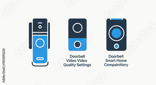 Smart Home Video Doorbell, Quality Settings Configuration, and Device Compatibility Flat Icons for Modern Residential Security and Automation Systems
