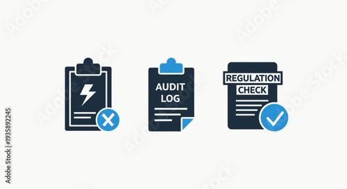 Energy Audit Failure, Comprehensive Audit Log Record, and Regulatory Compliance Check Flat Icons for Business Accountability and Legal Procedures