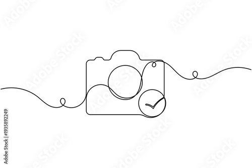 Camera with approval checkmark sign icon continuous one line art drawing on white background minimalist verified photo tick symbol outline vector illustration
