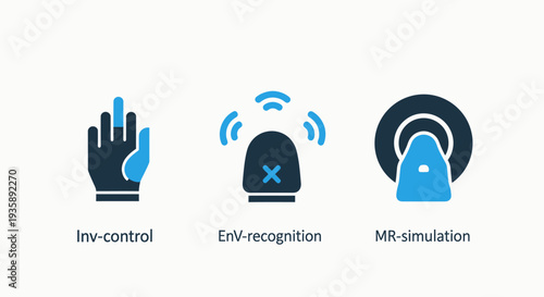 Advanced Technology Icons: Hand Control, Environmental Recognition, and Medical MRI Simulation in Blue and Black Graphic Design