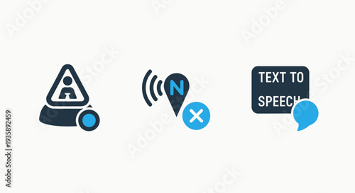Digital Warning, Network Error, and Text-to-Speech Accessibility Interface Flat Icons