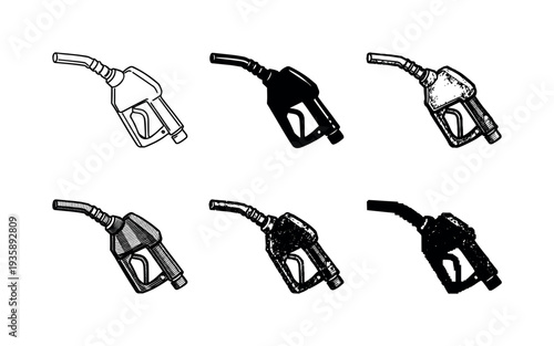 Petrol dispenser nozzle with angled spout and squeeze lever for vehicle fuel filling | Create ONE image containing EXACTLY six