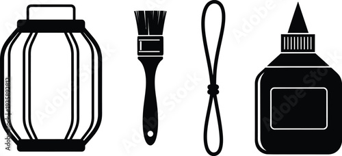 Collection of crafting and art supplies including glue bottle brush and jar Icon