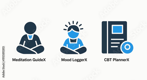 Mental Wellness and Cognitive Behavioral Therapy Planning Tools Flat Icons Set.