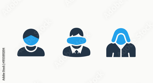 People Wearing Protective Face Masks and Coverings in Blue and Black Flat Icon Set.