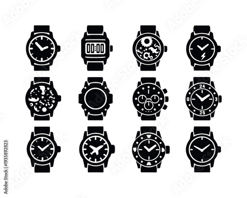 Collection of twelve diverse black watch icons on a white background