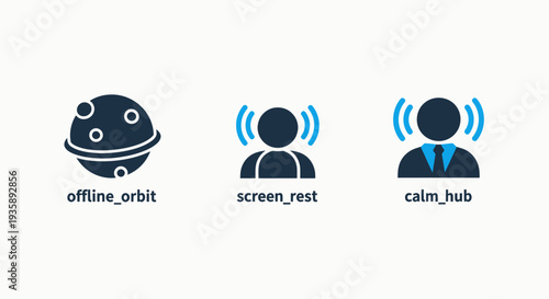 Digital Well-being, Offline Orbit, Screen Rest, and Calm Hub Flat Icons Set.