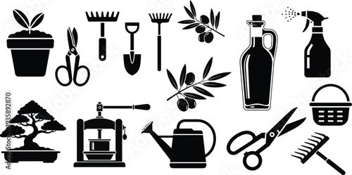 Gardening tools olive branch oil bottle and bonsai tree silhouette icons potted plant, seedling, scissors