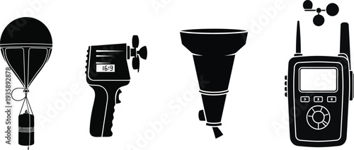 Collection of weather measurement instruments and parachute with payload weather, measurement, instruments,... Icon