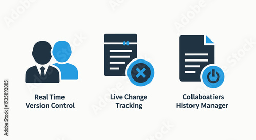 Digital Document Management Icons: Real-Time Version Control, Live Change Tracking, and Collaboration History for Team Workflows.