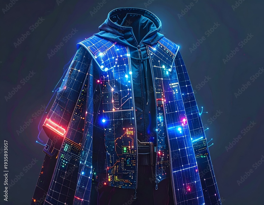 Naklejka premium Futuristic Cyberpunk Fashion Glowing Neon Blue and Pink Circuit Board Jacket Hoodie Art