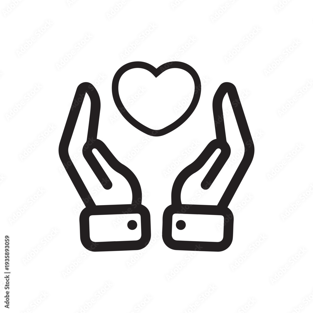 Fototapeta premium Hand and heart line icon. Gift, care, love, take care of the heart, friendship, relationship, holiday, event, souvenir, reward, gift. relationship concept. Vector black line icon on white background