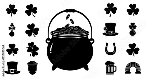 Black Silhouette of Pot of Gold Coins.