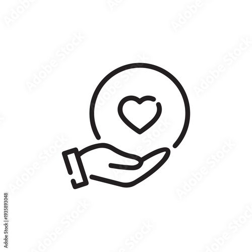 Hand with heart line icon. Take care with love vector outline sign.
