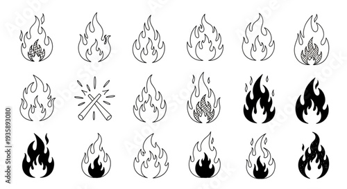 Collection of Hand Drawn Fire Icons and Symbols.