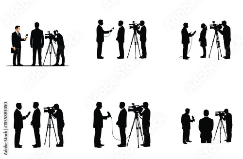 Journalist Interviews with Camera Crew Silhouette Vector Illustration