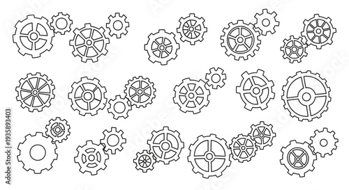 Collection of hand drawn gears and cogs in various sizes.