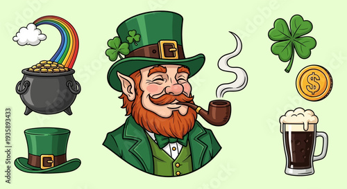 Cartoon Leprechaun with Hat and Pipe.