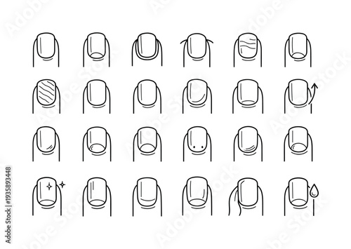 Line style icons of nail wellness markers: smooth surface, soft cuticle, clean fold, no peeling, moderate thickness, stable