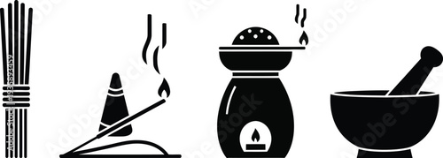 Incense sticks, burner, and mortar and pestle silhouettes incense, sticks, burner, aroma, fragrance