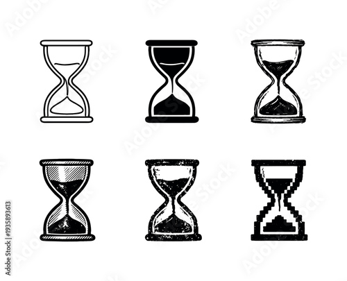 Collection of six different hourglass icons representing time passing in various artistic styles