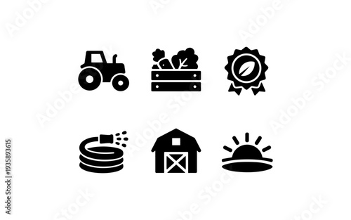 Collection of agricultural icons representing farming, harvest, and rural life