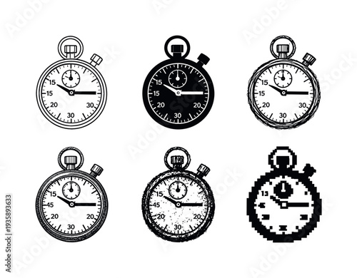 Set of vintage stopwatch illustrations in various styles and designs