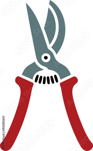 Red and grey gardening shears with serrated edge on white gardening, shears, pruning, Icon