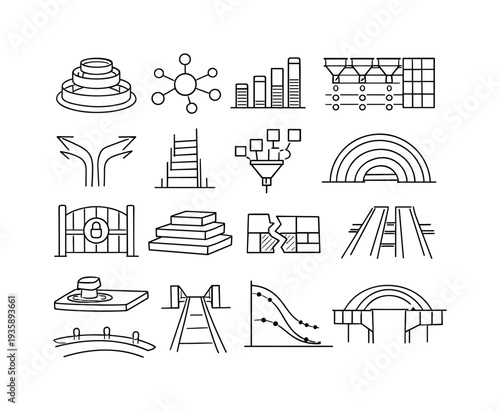 Line vector icons of a future where tech is stratified: tiered access rings, privilege nodes, restrictive-cost bars,