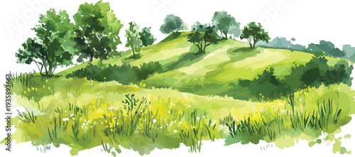 Green meadow landscape with trees hills and blue sky