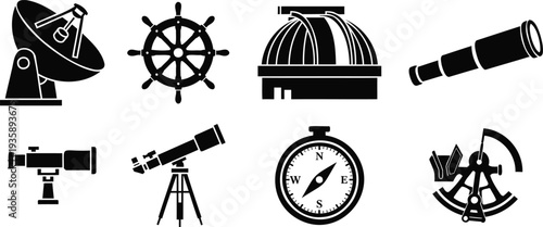Satellite dish ship wheel observatory telescope and compass silhouette icons satellite dish, antenna