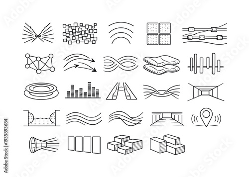 Line vector icons of concentration-optimized hall acoustics: focused sound beams, diffusion panel grids, echo-control arcs, noise