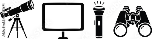 Scientific and observation tools including telescope monitor flashlight and binoculars tripod screen Icon