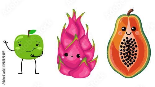 Cute Fruit Characters Set with Green Apple, Dragon Fruit, and Papaya Illustration on White Background