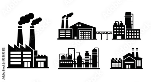 Collection of Industrial Factory Silhouettes with Smoke Stacks.