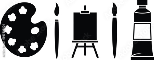 Silhouette art supplies including palette brush easel and paint tube art, painting, palette, Icon