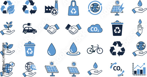 Set of Eco-Friendly Icons for Sustainability and Environmental Protection – Recycling, Renewable Energy, and Carbon Reduction Designs