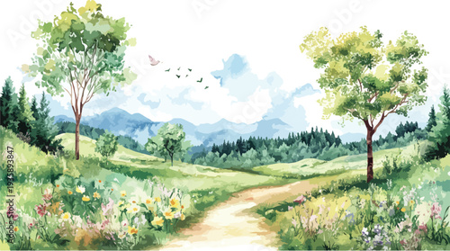 Summer forest and mountain landscape with trees grass flowers and blue sky