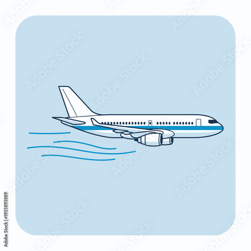 Side view of a commercial airplane flying over wavy blue lines, representing air travel.