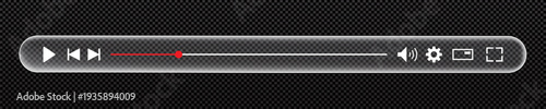 Video player bar template glass morphism style on checkered background with button play, timelime. Audio player for songs, podcast playlist