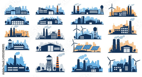 Collection of Industrial Factory Silhouettes with Wind Turbines and Solar Panels.