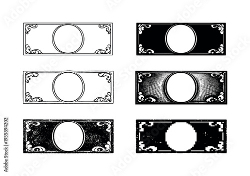 Collection of six vintage banknote designs with ornate borders and central circular emblem