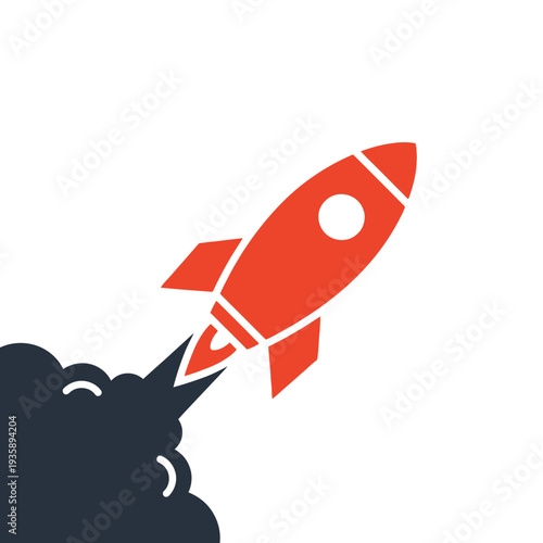 Orange rocket blasting off with dark smoke, representing speed, progress, and a powerful launch