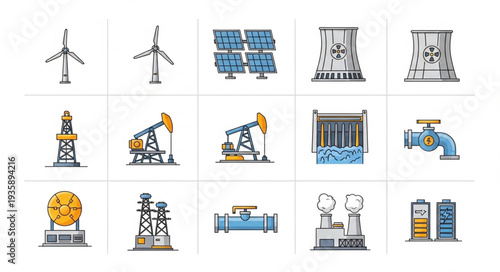 Collection of Industrial Icons and Symbols Representing Energy and Manufacturing.