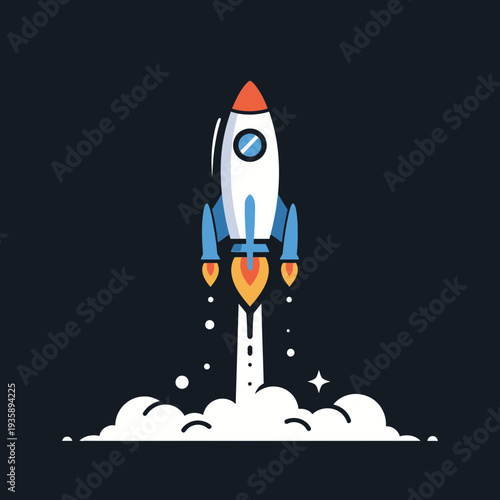 Retro rocket launching into space with fiery exhaust and white smoke against a dark blue background, symbolizing startup, exploration, and innovation.