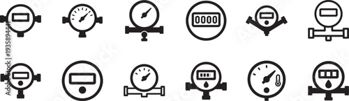 Water meter, hydrometer, and water gauge icon set with measurement and utility thin line symbols.