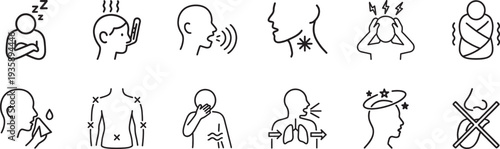 Symptoms infection icon set with health, disease, virus, and medical thin line vector symbols.