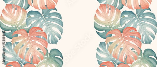 Seamless tropical Monstera leaf pattern in vibrant pastel shades, creating an elegant botanical vector background perfect for fashion textiles, decorative wallpaper, and digital art projects