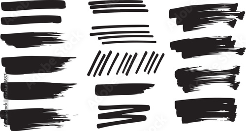 Brush paint stroke vector collection. Black abstract stain textures with ink splashes, rough paintbrush marks, sketchy frame shapes, watercolor smears, marker lines and bold charcoal streak eps