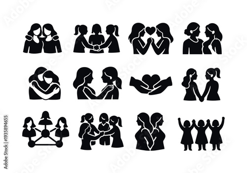 Solid vector icons of female community support: friendship, teamwork, connection, mentorship, care, empathy, trust, bond, network